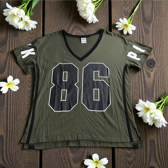 Victoria’s Secret PINK V-Neck Top Sz Large Dark Green Short Sleeve Tee Shirt - Picture 6 of 6